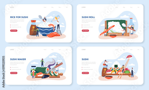 Sushi chef web banner or landing page set. Restaurant chef cooking rolls