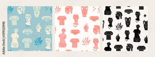 Antique marble statue of woman, column, amphora. Mythical, ancient greek style. Hand drawn trendy Vector illustrations. Set of three Square Seamless Patterns. Background, wallpaper, poster template