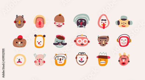 Various abstract People and creatures. Faces, heads. Characters, avatars. Different Icons and logos. Cute hand drawn trendy Vector illustrations. Cartoon style. Flat design. All elements are isolated
