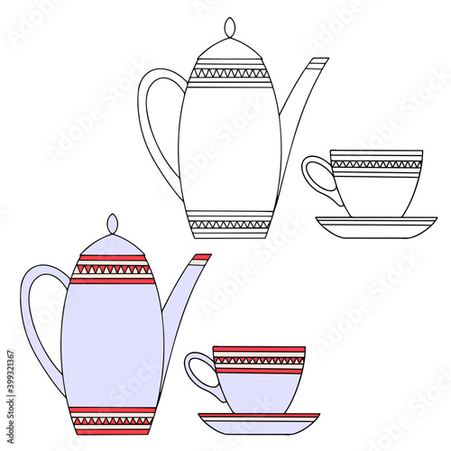 Lilac porcelain coffee pot and Cup. Color and linear drawing on a white background. Vector