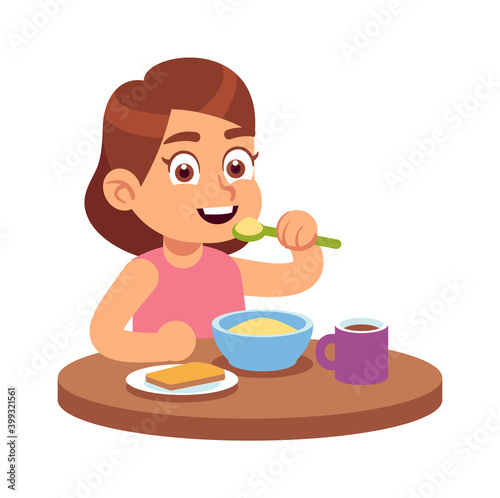 Cute girl eating. Hungry toddler sits at table and eats delicious cereal or muesli with spoon, drinks tea on breakfast, healthy food for children, flat vector cartoon isolated character