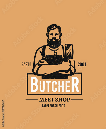 Butcher logo with text. Man with beard and large knife