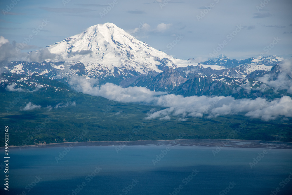 Aerial view of Mt Redoubt and the Cook Inlet, Alaska