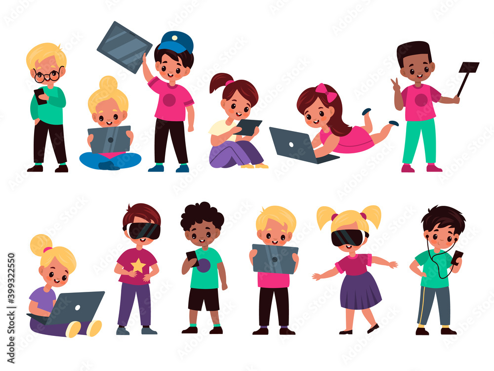 Kids with gadgets. Cute funny children use electronic devices, smartphones  and tablets, girl and boys with laptops, phones and vr glasses, addicted to  gadgets vector cartoon isolated set Stock Vector | Adobe