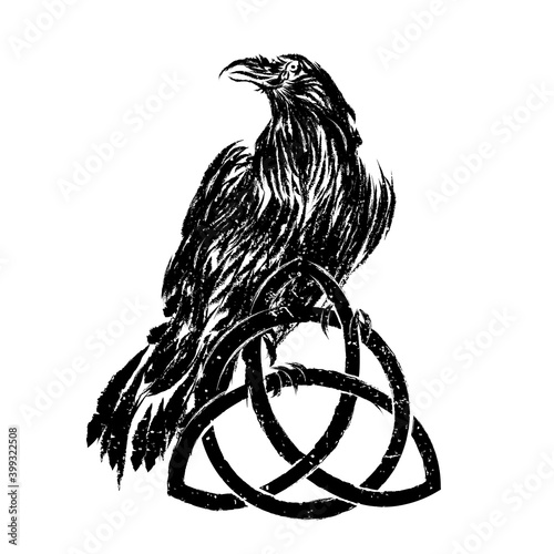 Odin's Celtic Raven. Scandinavian tattoo. Runic symbols in the Old Norse language mean Raven. Trixel, Celtic cross, Gungir and knots. Vector illustration of Scandinavian myths