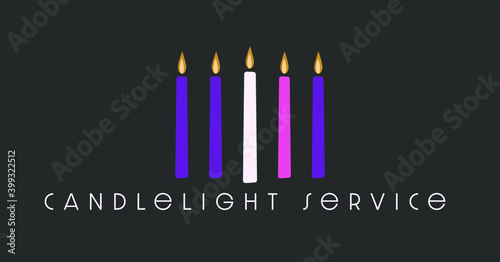 Four purple and pink candles of Advent plus the candle of Christ in the center. Graphic for candlelight service. 