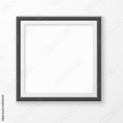 Picture frame. Realistic blank image on gallery wall, modern black square empty photoframe, montage space template for illustration or photography vector single interior element