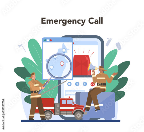 Fireman online service or platform set. Professional fire brigade