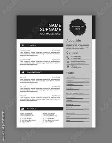 Professional resume letterhead. Black and white cv template, customizable document design for hiring job, description of professional qualities and skills vector blank paper sheet