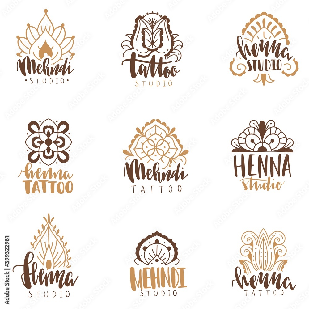 Mehndi beauty salon emblems. Mandala henna tattoo studio, indian ethnic  body decoration ornaments logotype collection with hand drawn text, beauty  fashion spa logo designs vector set Stock Vector | Adobe Stock