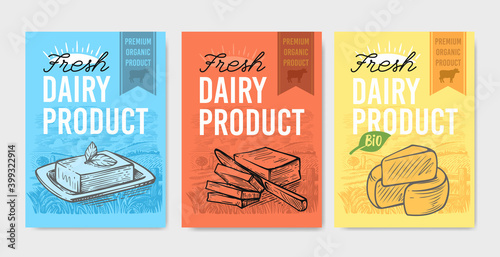 Dairy products package. Cheese butter