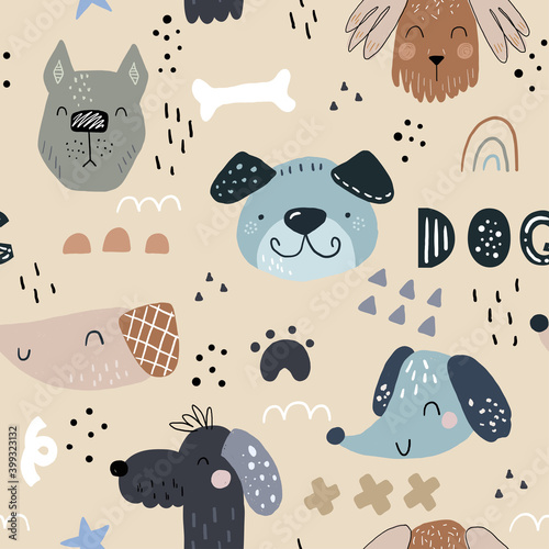 Childish seamless pattern with hand drawn dogs. Trendy scandinavian vector background. Perfect for kids apparel,fabric, textile, nursery decoration,wrapping paper