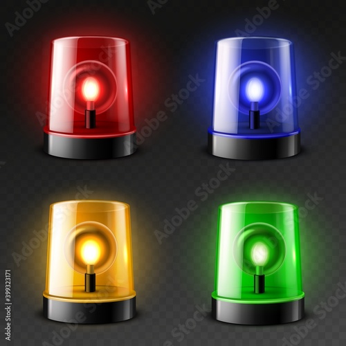 Realistic car flasher sirens. 3d emergency services color lamps, danger rotating lights, green, orange, red and blue glow. Fire department, police and medical cars beacon vector isolated set