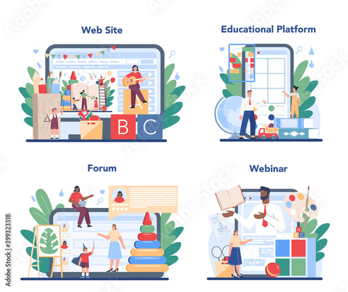 Kindergartener online service or platform set. Professional nany