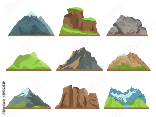Cartoon mountains silhouettes. Rocky ridges, different hills types, snowy peaks, natural terrains, outdoor landscapes elements collection, extreme tourism vector flat isolated set