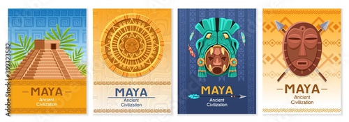 Maya ancient culture. Aztec and Inca civilization elements, archaeological finds, mexico architecture fragments. Religion masks and idols, pyramid and Mayan calendar cartoon vector posters photo