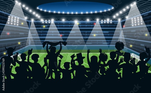 Sport fans at stadium. People black silhouettes on stadium background, soccer football match on spotlight, team supporters stand with flag and posters cartoon vector championship concept
