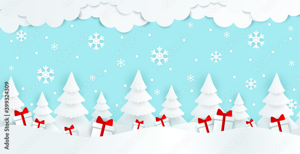 Winter background vector illustration with snowfall and Christmas trees. Snowy background. Winter wonderland vector.