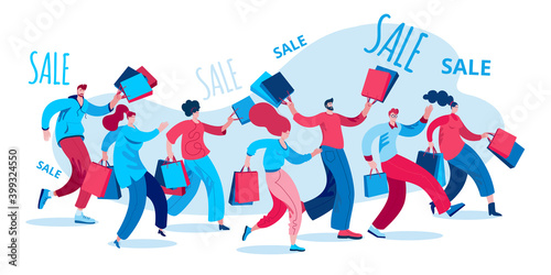Characters coming with packages from stores. People shopping at the Mall.Template for a horizontal banner on the sale theme.