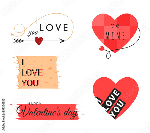 Valentines day cards with hearts and lettering in modern hand drawn style. Romantic Postcards and stickers. Backgrounds for the design of prints, cups, notebooks. Vector stock illustration