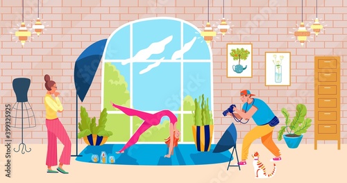 Woman photo session, vector illustration. Cartoon yoga girl person activity, flat training lifestyle at home. Sport fitness for body, art exercise workout wellness at photo, man worker with device.