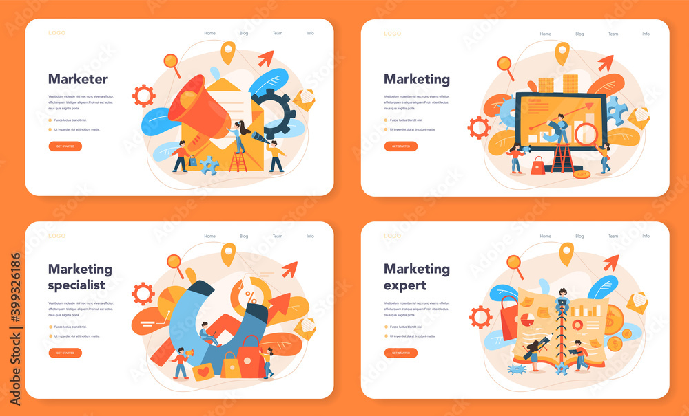 Marketer web banner or landing page set. Advertising and marketing concept.