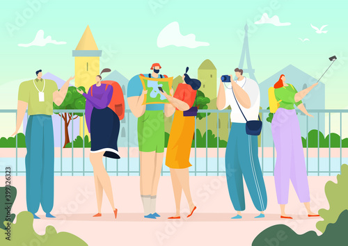 Tourism with guide,vector illustration. Excursion tour for tourist erson group at journey vacation. Traveler man woman travel at sightseeing place, trip lifestyle. People character in adventure.