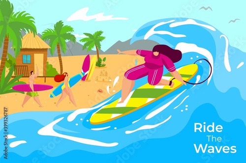 Surfing girl at summer vacation, vector illustration. Surf sport at ocean wave, travel surfboard lifestyle. Sea beach fun extreme flat holiday, people character surfer ride cartoon board activity. © Vectorwonderland
