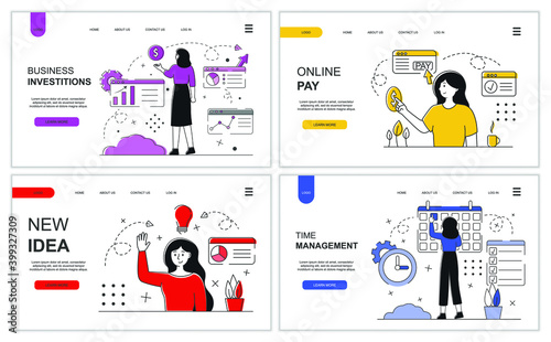 Set web page design template, business investitions, time management, a new idea, online pay. Modern vector concept illustration for website design and mobile websites. Flat illustrations photo