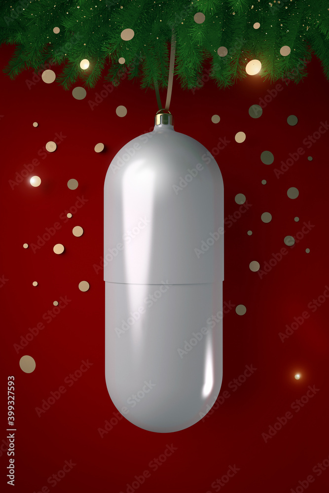 Christmas tree toy in a capsule tablet form. Medical pharmacological holiday background.