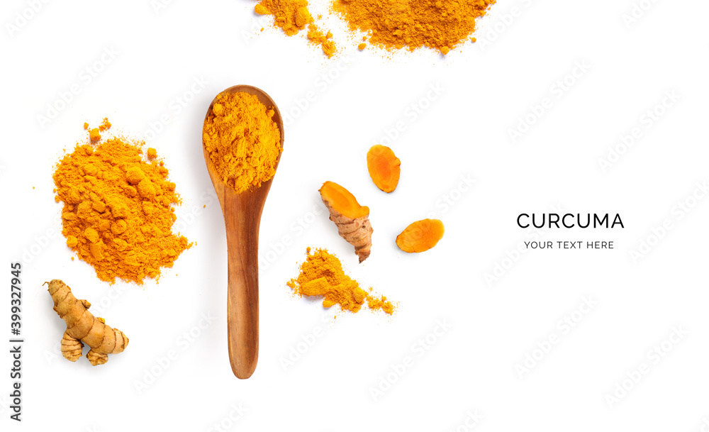 Creative layout made of turmeric powder, root and wood spoon with turmeric on a white background. Top view.   - obrazy, fototapety, plakaty 