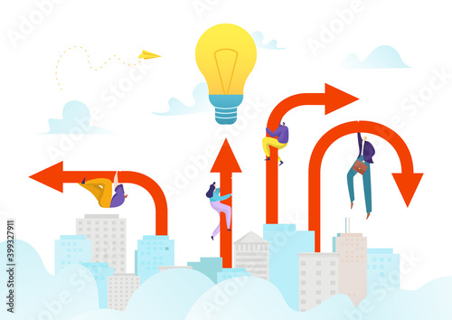 Business success arrow to goal achievement, vector illustration. People man woman character at career progress, leadership symbol. Manager person growth for huge idea bulb background.