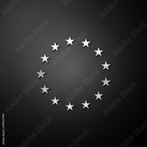Silver Flag of European Union icon isolated on black background. EU circle symbol. Waving EU flag. Long shadow style. Vector.