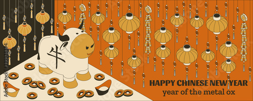 Happy Chinese New Year background with creative white ox and hanging lanterns