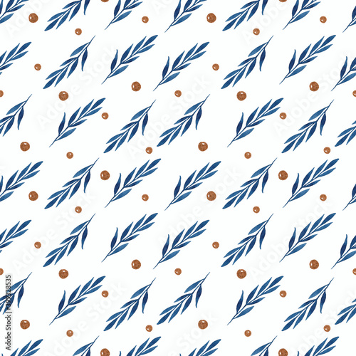 Blue branch watercolor seamless pattern on white background
