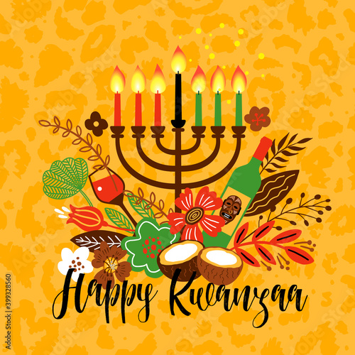 Banner for Kwanzaa with traditional candles representing the Seven Principles or Nguzo Saba. Lettering Happy Kwanzaa. Vector greeting card on leopard background.