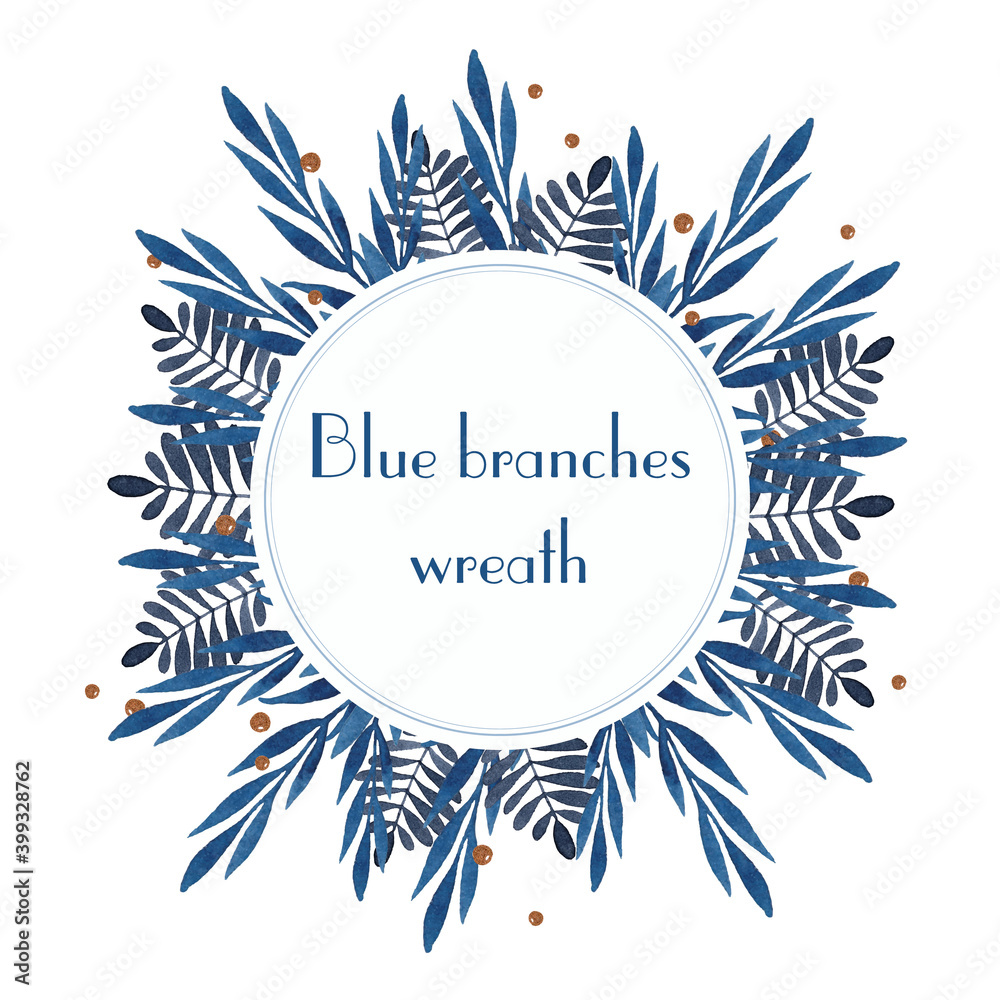 Blue branch watercolor wreath frame isolated