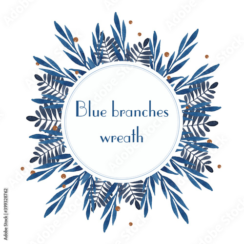 Blue branch watercolor wreath frame isolated