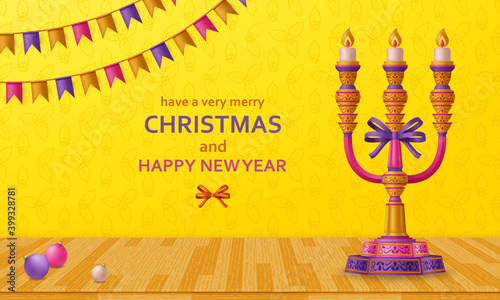 Merry Christmas background and Happy New Year golden balls, candelabrum and garlands