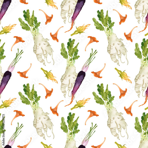 Carrot and white radish watercolor seamless pattern