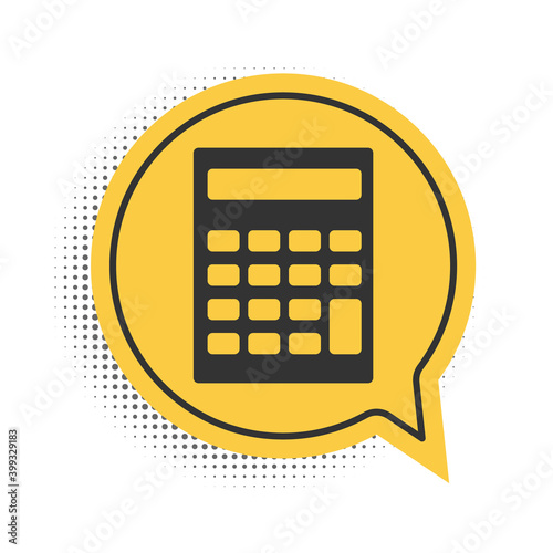 Black Calculator icon isolated on white background. Accounting symbol. Business calculations mathematics education and finance. Yellow speech bubble symbol. Vector.