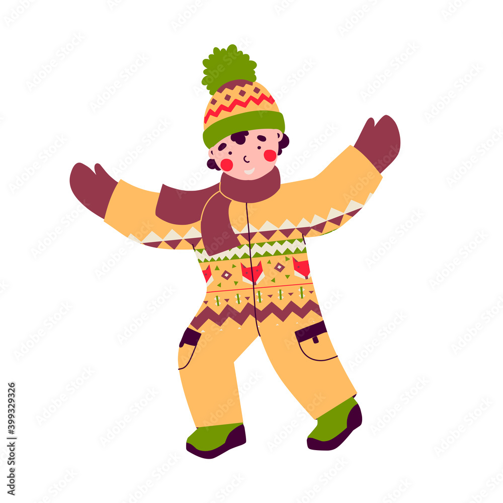 Boy in overalls in winter for clothes design. Vector art print. Boy in overalls in winter for clothes design. Vector art print.