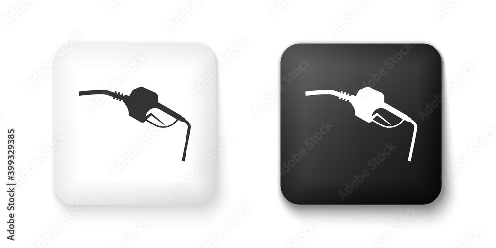 Black and white Gasoline pump nozzle icon isolated on white background. Fuel pump petrol station. Refuel service sign. Gas station icon. Square button. Vector. Black and white Gasoline pump nozzle icon isolated on white background. Fuel pump petrol station. Refuel service sign. Gas station icon. Square button. Vector.