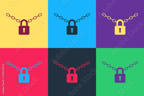 Pop art Metal chain and lock icon isolated on color background. Padlock and steel chain. Vector.