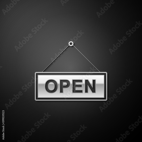 Silver Hanging sign with text Open door icon isolated on black background. Long shadow style. Vector.