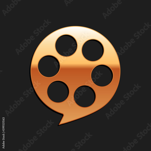 Gold Film reel icon isolated on black background. Long shadow style. Vector.