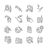 Vaccine related icons: thin vector icon set, black and white kit