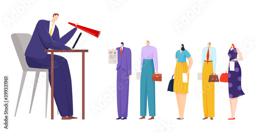 Business people recruit, employment person manager work vector illustration. Businessman flat job hiring for employee candidate concept. Boss hire human worker, office interview with employer.