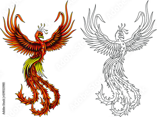 Fire bird phoenix. Drawing a Phoenix tattoo in Japanese and Chinese style, The Legend of the Firebird, a creature from Slavic folklore.