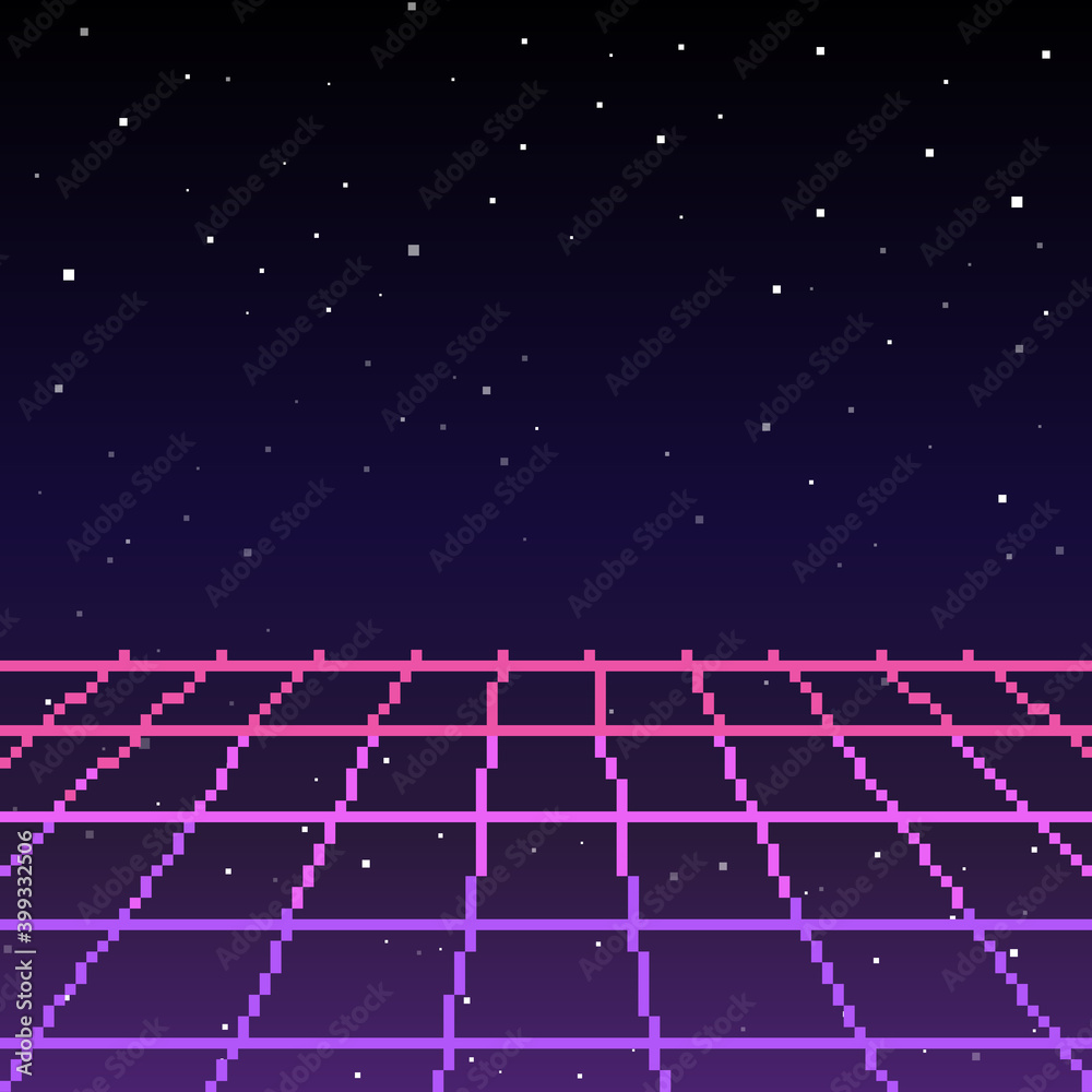 Pixel 80s Retro Wave Sci-Fi Background For game. Pixel art 8bit